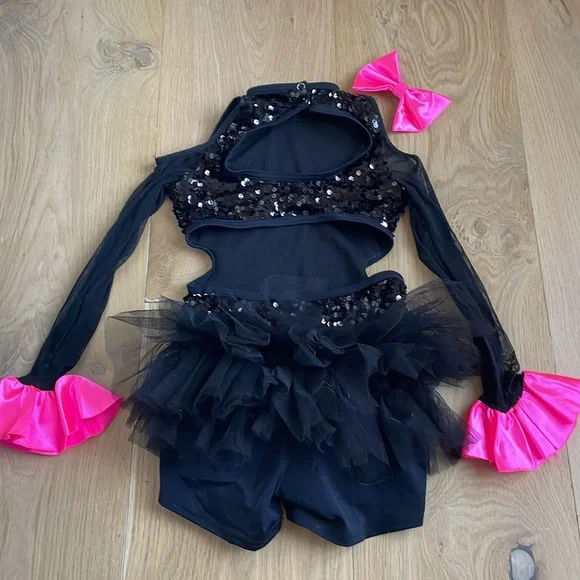 Dance costume competitive, parade sporting events. Black & pink sequin romper